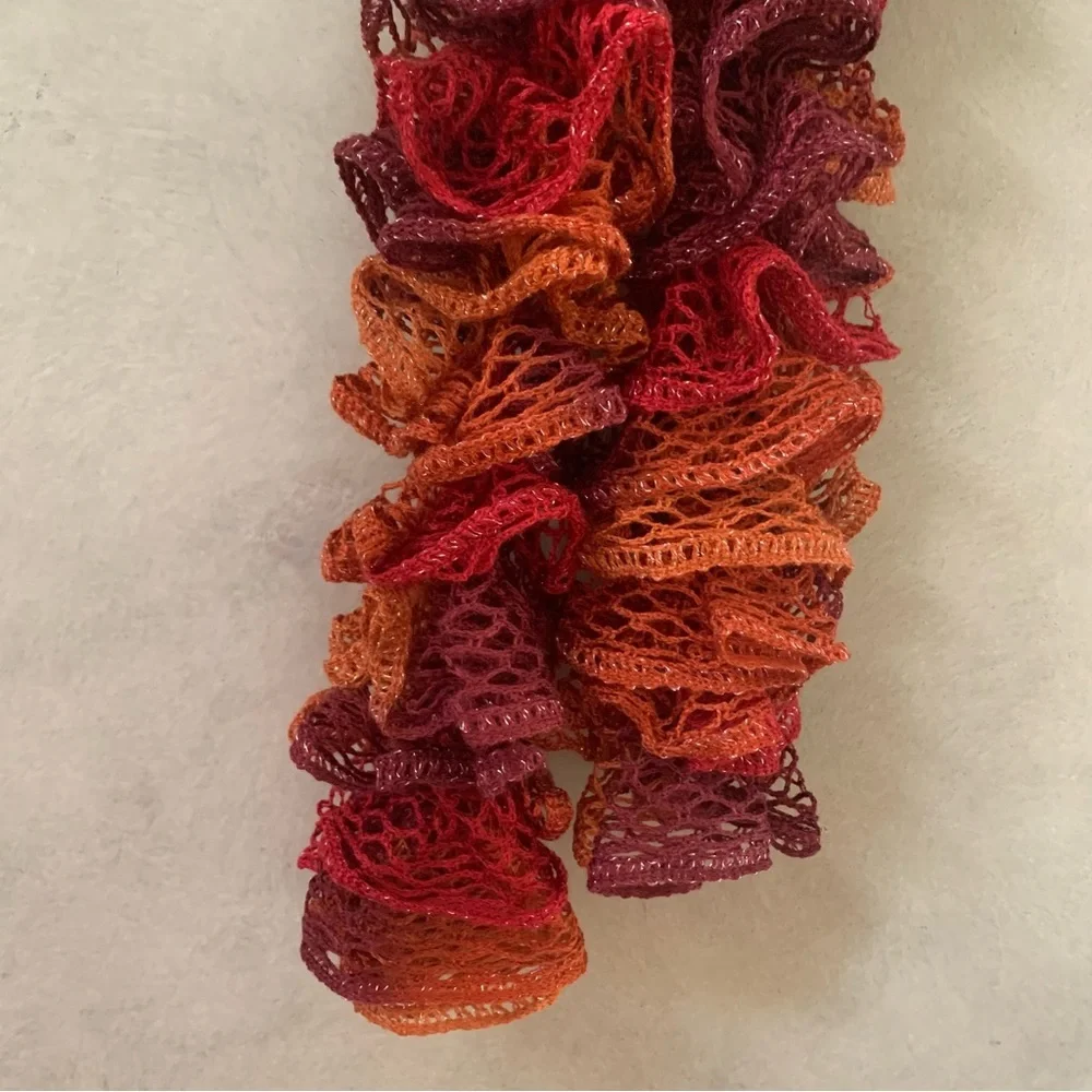 Artisan Handcrafted Ruffled Crochet / Knit Scarf Burgandy Rustic Orange